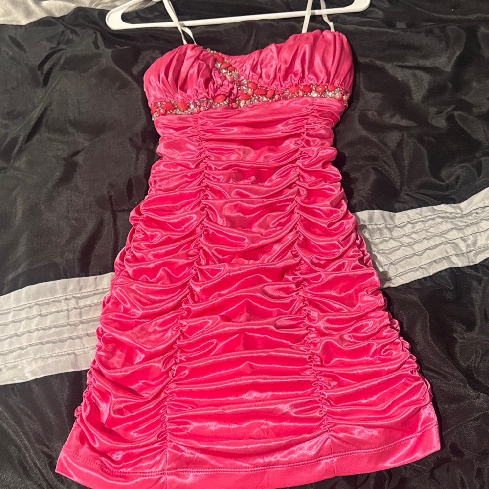 Hot Pink Ruched Satin Mini Dress with Beaded Bust